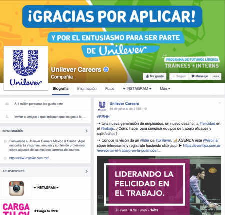 Ejempleo de Fanpage para Reclutamiento 2.0: Unilever