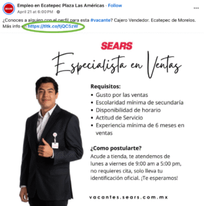 Ejemplo de una oferta de empleo publicada en redes sociales haciendo uso correcto del enlace de la fuente