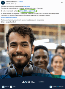 Ejemplo de una oferta de empleo publicada por Jabil en redes sociales haciendo uso correcto del enlace de la fuente