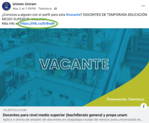 Ejemplo de una oferta de empleo de Unirem publicada en redes sociales haciendo uso correcto del enlace de la fuente